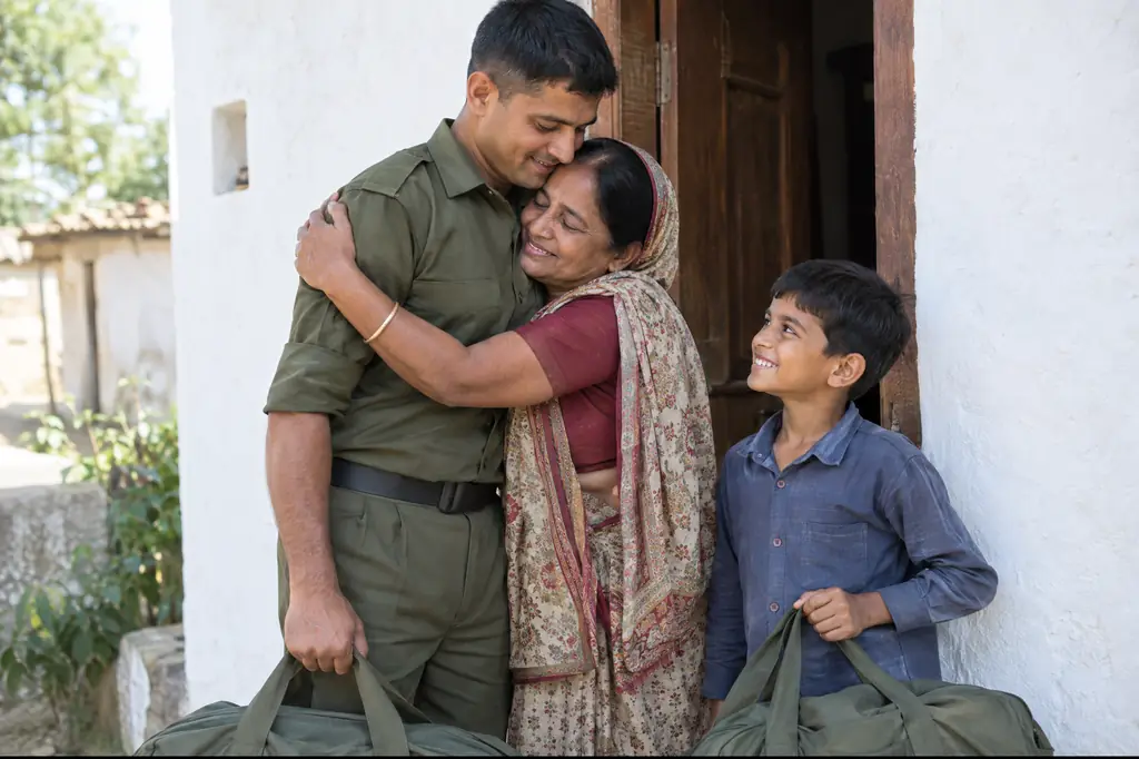छुट्टी पर घर लौटे सैनिक को दरवाज़े पर गले लगाती माँ, बेटा उनका बैग थामे
